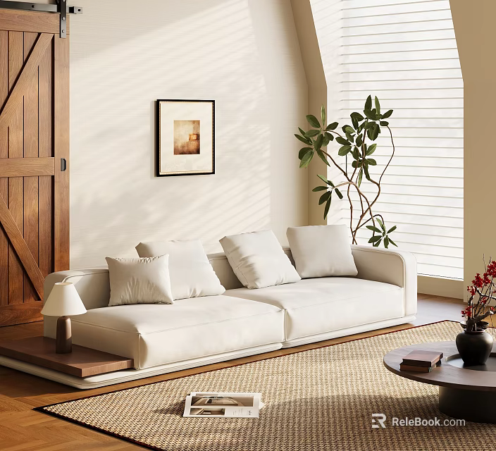 White Sectional Sofa in Bright Living Room with Framed Artwork Green Plant and Window Blinds 3d model 