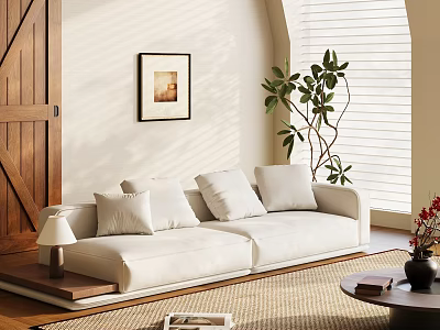 White Sectional Sofa in Bright Living Room with Framed Artwork Green Plant and Window Blinds 3d model
