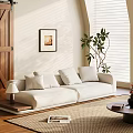 White Sectional Sofa in Bright Living Room with Framed Artwork Green Plant and Window Blinds