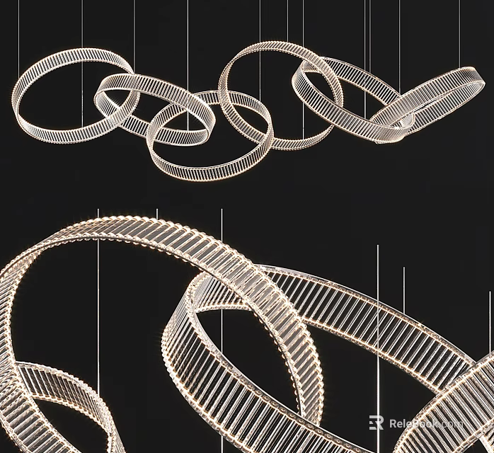 Modern White Circular Spiral Chandelier with Linear Wireframe Design Against Black Background 3d model 