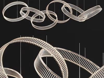 Modern White Circular Spiral Chandelier with Linear Wireframe Design Against Black Background 3d model