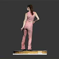 Woman Standing in Pink Patterned Outfit on Circular Platform with Gear Patterns Against Dark Background