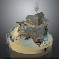 Scenic Cliffside Wooden Cottage on Rocky Outcrop With Beach Water Boat and Smoking Chimney