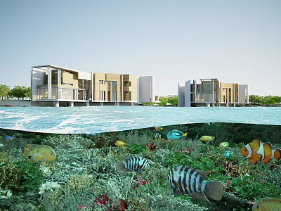 Scenic Modern Overwater Detached Villa With Underwater Marine Life And Greenery 3d model