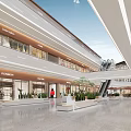 Spacious Shopping Mall Atrium Featuring Modern Design Escalators Storefronts Pedestrians and Bright Lighting