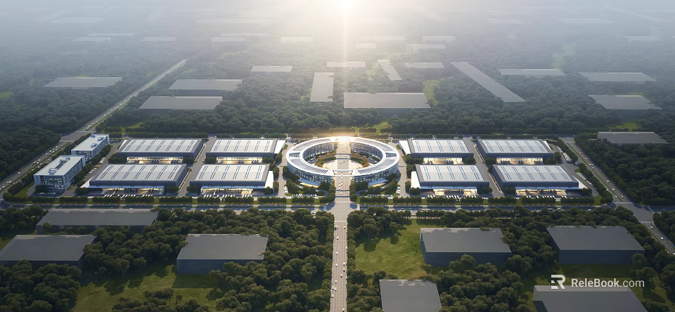 Aerial View Of Modern Industrial Factory With Multiple Buildings Greenery Wide Roads And Central Circular Structure 3d model 
