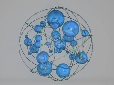Spherical Art Installation With Blue Spheres Connected By Metal Wires And Grid Structure 3d model