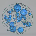 Spherical Art Installation With Blue Spheres Connected By Metal Wires And Grid Structure