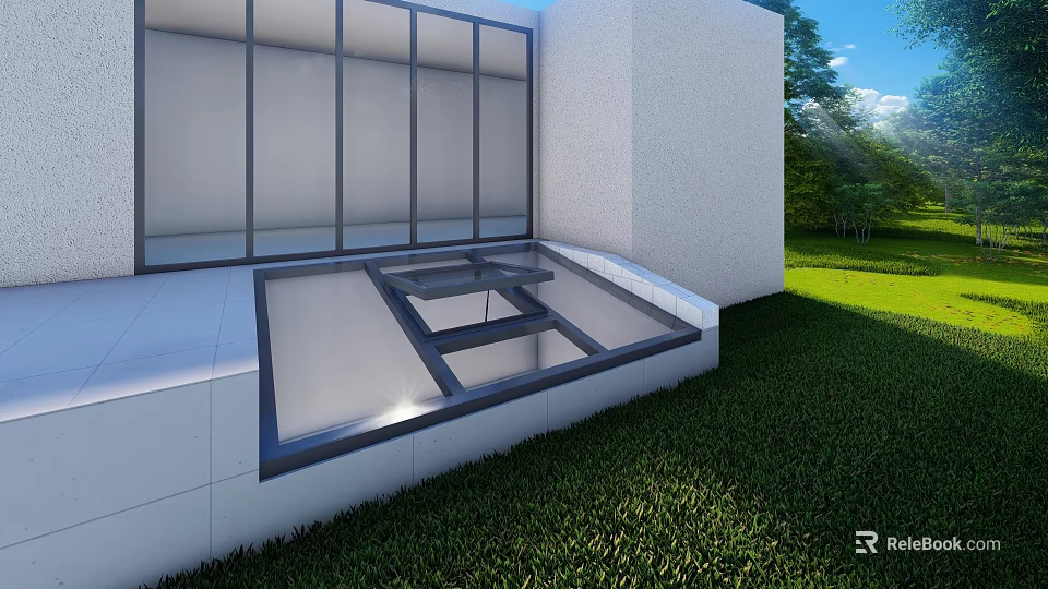 White Detached Villa With Large Glass Windows Glass Roof Green Lawn Trees And Blue Sky 3d model 