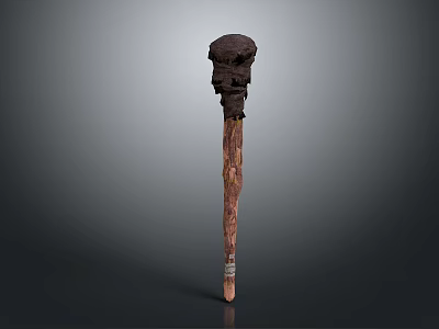 Antique Hand Carved Wooden Staff Featuring Intricate Skull Head Design 3d model