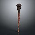 Antique Hand Carved Wooden Staff Featuring Intricate Skull Head Design