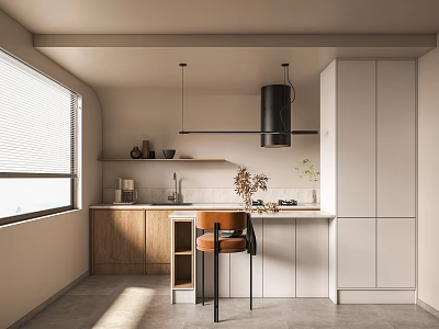 Modern Open Dining Kitchen Interior With Pendant Lights And Wooden Cabinets 3d model
