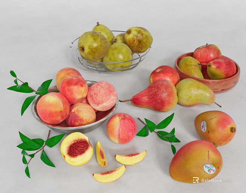 Fresh Peaches Pears And Mangoes With Sliced Fruit Leaves In Bowls And Plates 3d model 