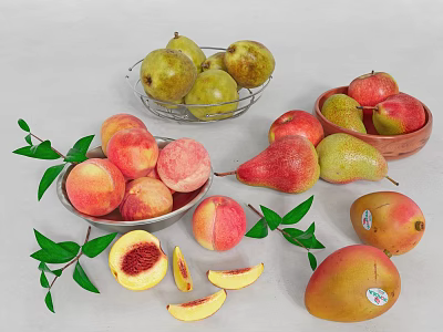 Fresh Peaches Pears And Mangoes With Sliced Fruit Leaves In Bowls And Plates 3d model