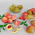 Fresh Peaches Pears And Mangoes With Sliced Fruit Leaves In Bowls And Plates