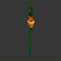 Green Magical Staff With Circular Top Red Gemstone And Flame Ornament