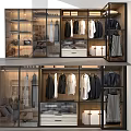 Modern Wardrobe Interior With Glass Doors Hanging Clothes Wooden Frames And Storage Drawers