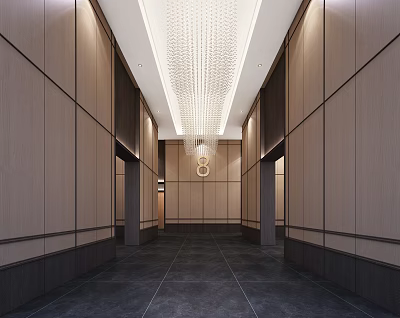 Luxurious Modern Elevator Lobby With Crystal Chandelier And Wooden Panels 3d model