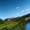 Rural Landscape With River Bridge Green Fields Houses Trees Under Blue Sky And White Clouds