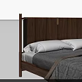 Modern Double Bed With Wooden Walnut Headboard Metal Accent White Pillows And Gray Bedspread