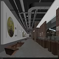 Contemporary Exhibition Hall Interior Featuring Display Cases Artworks Brick Walls And Seating
