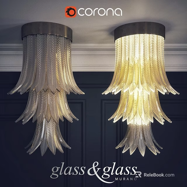 Feather Shaped Glass Ceiling Lights With Warm Yellow Glow And Silver Tone On Dark Wall 3d model 