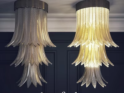 Feather Shaped Glass Ceiling Lights With Warm Yellow Glow And Silver Tone On Dark Wall 3d model