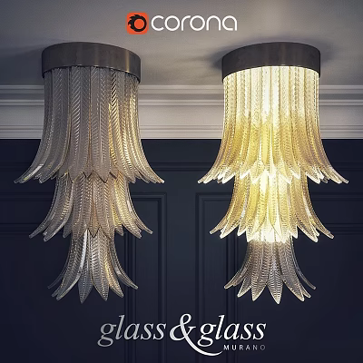 Feather Shaped Glass Ceiling Lights With Warm Yellow Glow And Silver Tone On Dark Wall 3d model