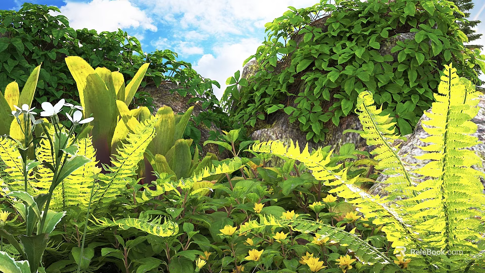 Lush Shrubs With Green Leaves Ferns Yellow Flowers Rocks And Blue Sky 3d model 