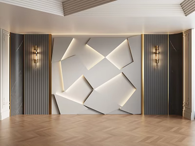 Modern Interior Featuring Geometric Wall Panels Lighting Dark Walls And Herringbone Wood Flooring 3d model