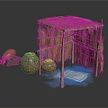 Rustic Thatched Shelter With Woven Clay Pots And White Floor Mat