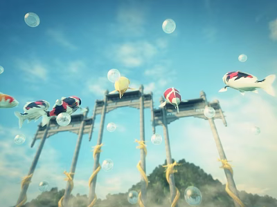 Scenic Landscape With Floating Koi Fish Torii Gates Bubbles Blue Sky Clouds And Green Hills 3d model