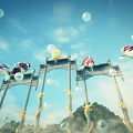 Scenic Landscape With Floating Koi Fish Torii Gates Bubbles Blue Sky Clouds And Green Hills