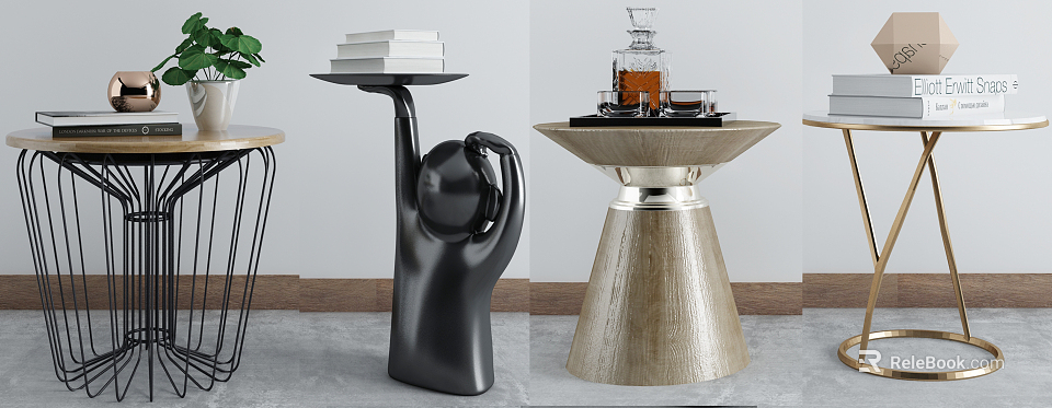 Round Side Tables Featuring Black Humanoid Figure Books And Golden Cone Stand Wine Glass Set 3d model 