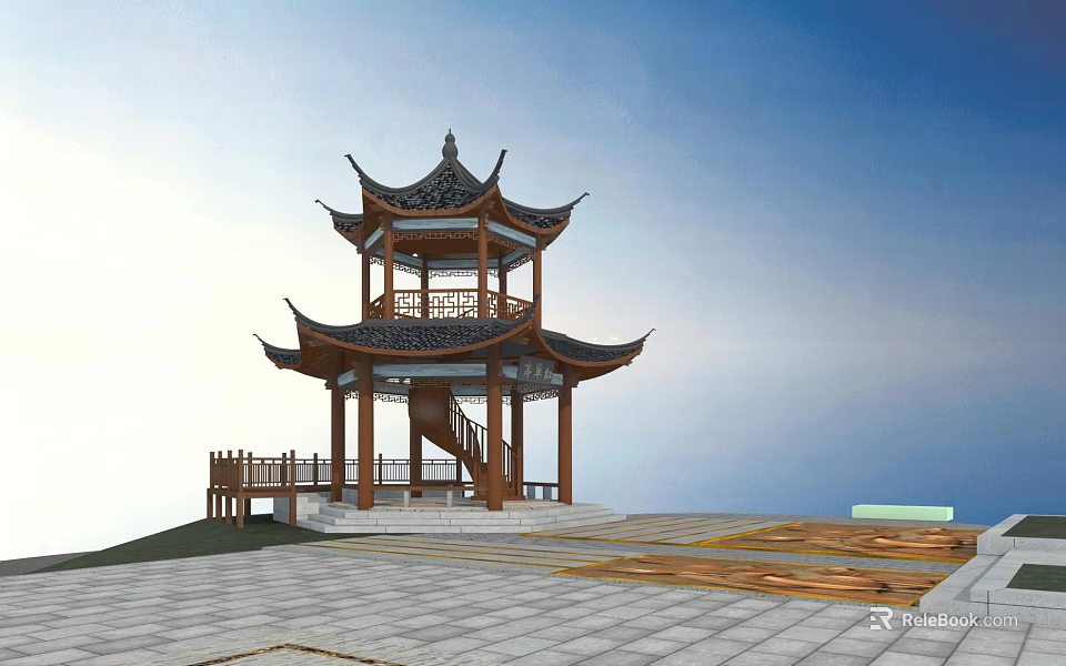Chinese Traditional Pavilion Multi Tiered Black Roof Wooden Structure With Stone Pavement In Scenic Setting 3d model 