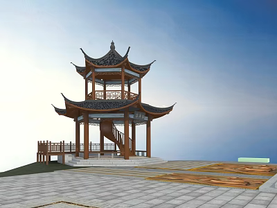 Chinese Traditional Pavilion Multi Tiered Black Roof Wooden Structure With Stone Pavement In Scenic Setting 3d model