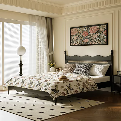 French Middle Style Home Bedroom Middle Ancient Double Bed Big Bed No Master Lamp Bedroom Master Bedroom Villa Bedroom Bedroom Bedding Carpet Decorative Painting Curtain Window Screen 3d model