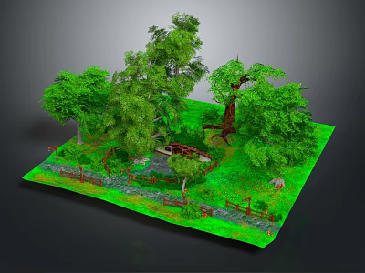 Natural Landscape Scene With Lush Green Trees Grassy Area Small Bridge And Stream 3d model