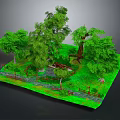 Natural Landscape Scene With Lush Green Trees Grassy Area Small Bridge And Stream