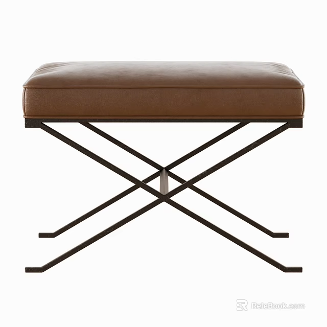 Modern Brown Upholstered Ottoman With X Shaped Black Metal Frame Structure 3d model 