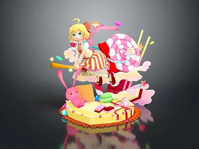 Game Movie Character Blonde Girl Striped Dress With Candies Lollipop Rabbit Cake Vibrant Fairy Tale 3d model