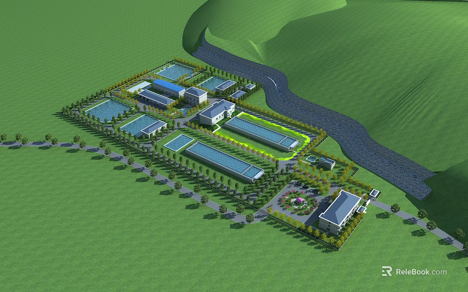 Modern Industrial Factory Layout With Multiple Buildings River Side Green Landscape And Roads 3d model 
