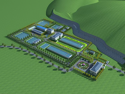 Modern Industrial Factory Layout With Multiple Buildings River Side Green Landscape And Roads 3d model