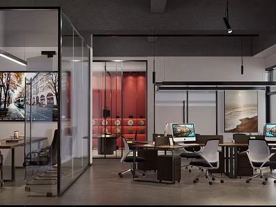 Modern Public Office Area With Glass Partitions Workstations And Red Accent Wall 3d model