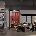 Modern Public Office Area With Glass Partitions Workstations And Red Accent Wall