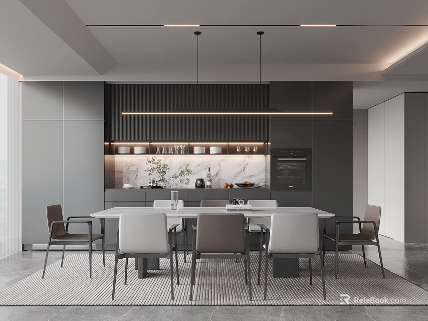 Modern Restaurant Interior Design With Gray Cabinetry Dining Table Chairs And Pendant Lights 3d model 