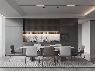 Modern Restaurant Interior Design With Gray Cabinetry Dining Table Chairs And Pendant Lights 3d model