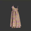 Pastel Pink And Yellow Square Patterned Dress With Spaghetti Straps And Pleated Skirt