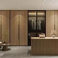Modern Walk in Closet Interior Design With Wooden Cabinets Glass Doors And Central Island