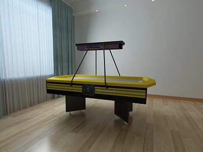 Yellow Electric Air Hockey Table Toy With Black Stand In Wooden Floor Room 3d model